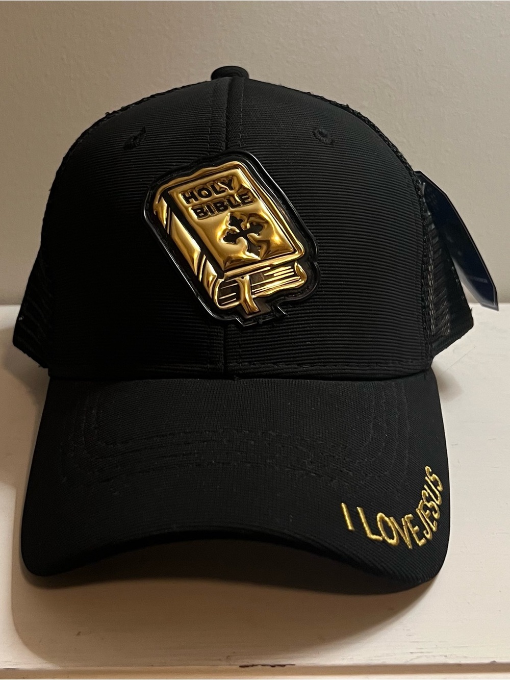 Black 'I Love Jesus' Cap with Gold Holy Bible Emblem
